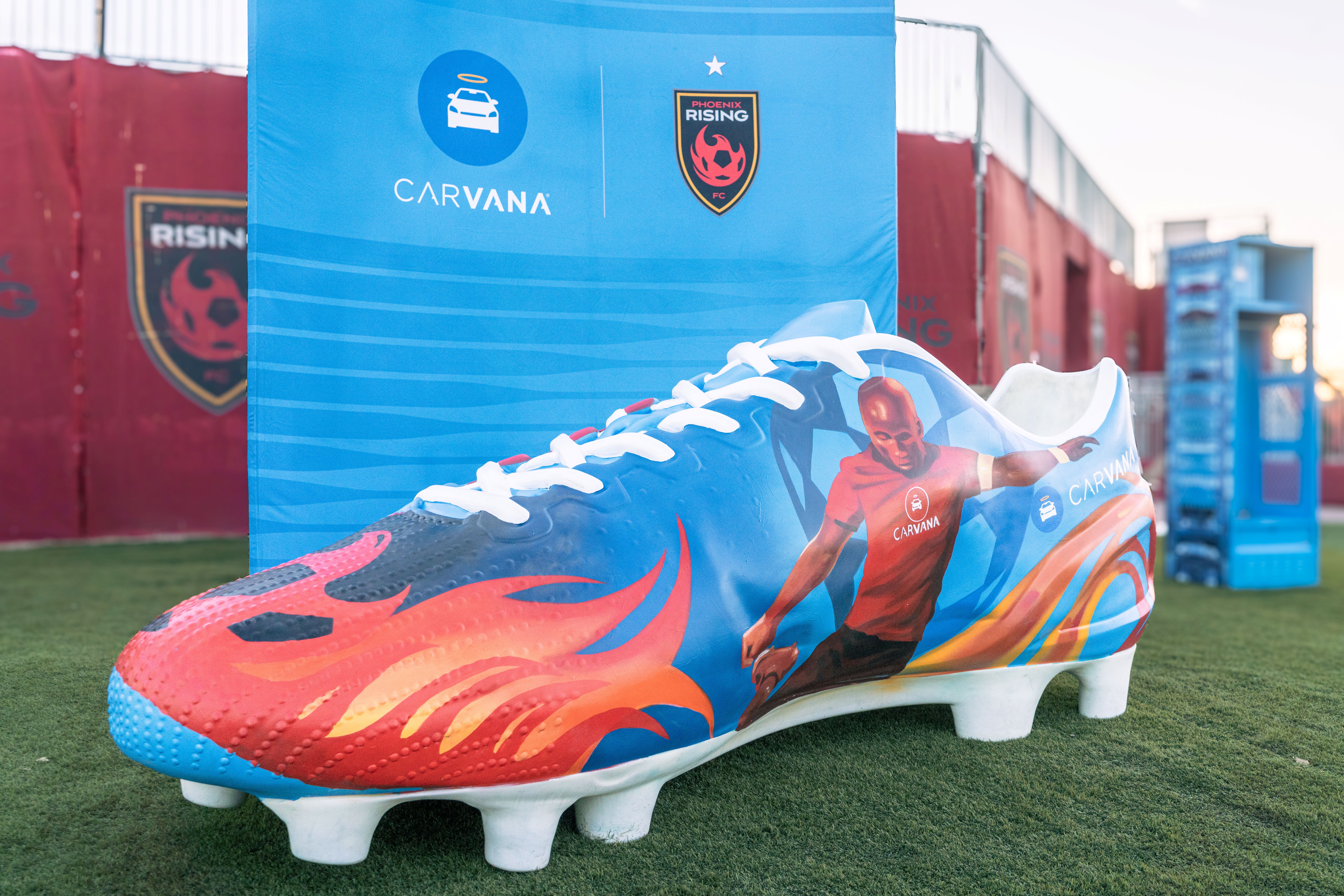 A custom Carvana Cleat painted by a local artist is displayed at Phoenix Rising Stadium ahead of the home opener.
